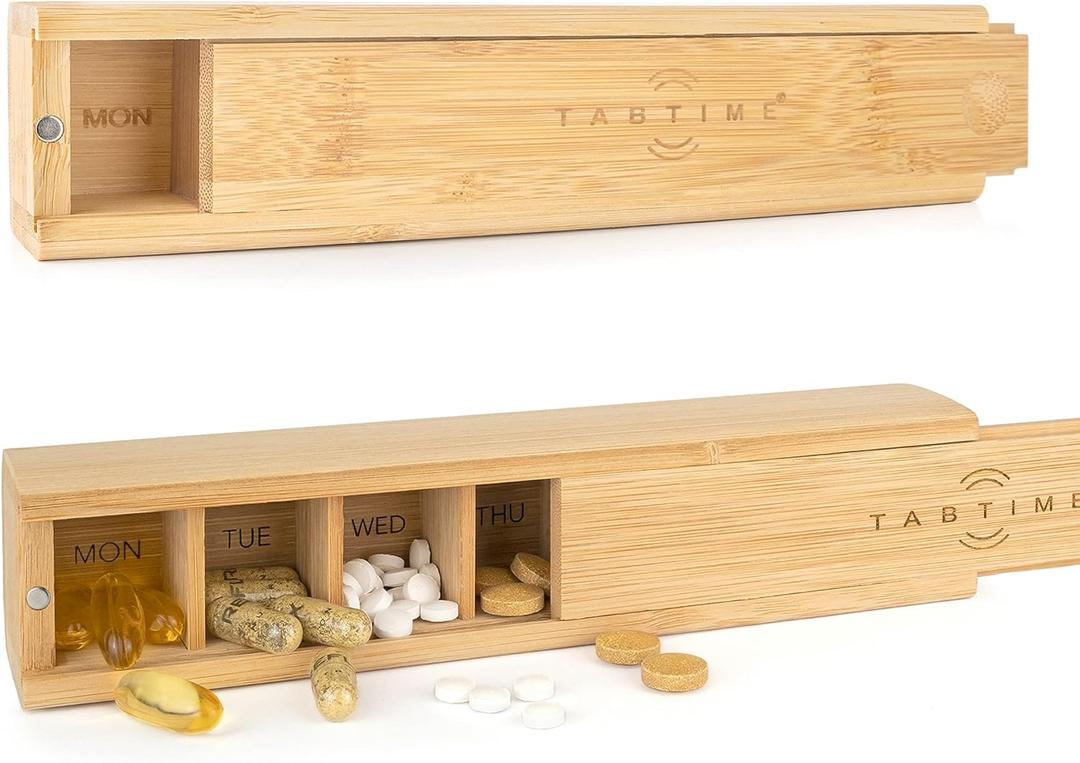 Bamboo Weekly Pill Organizer - 7 Day Wood Tablet Box - Ideal Aesthetic Pill Organizer for Vitamins or Supplements