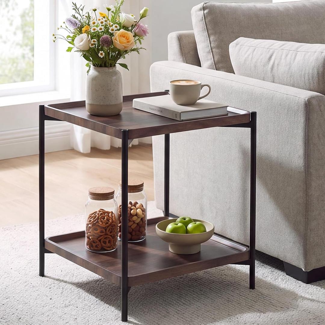 Square End Table Living Room with Metal Legs, 20 in Large Side Table Walnut