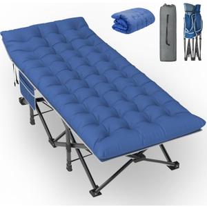 Slendor XXL Camping Cot, Oversized Camping Bed, 79" L x 32" W x 19" H Sleeping Cot with Mattress, Carry Bag, Camp Cot Bed for Travel, Guest, Support 900lbs, Blue Cot+ Blue Pad