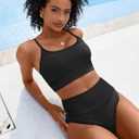 ANRABESS Womens High Waisted Bikini Sets,Color Block 2 Piece Swimsuits,Tummy Control Bathing Suits,Thick Ribbed Beach Wear (Large, Black)