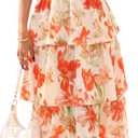 BTFBM Womens Square Neck Smocked Dress Summer Puff Short Sleeve Floral Casual Ruffle Tiered Maxi Wedding Guest Dresses (Medium, Floral Apricot Orange)