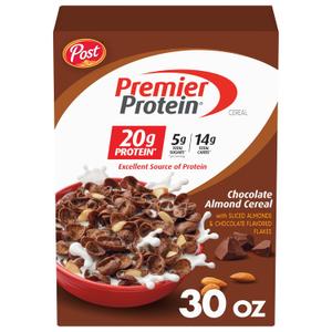 Post Premier Protein Chocolate Almond Cereal, Chocolatey Protein Cereal Flakes with Sliced Almonds, Contains 20g of Protein Per Serving, 30 OZ Box (EXP 05/19/27)