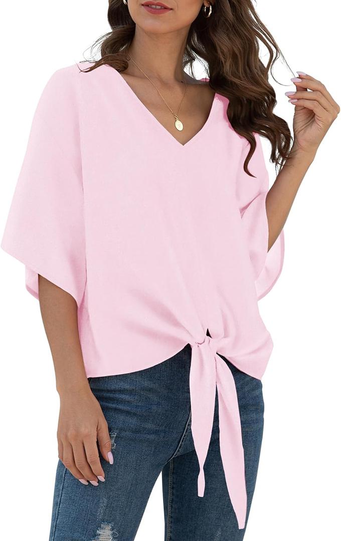 VIISHOW Womens Tie Front Chiffon Blouses V Neck Batwing Short Sleeve Summer Tops Shirts 2XL