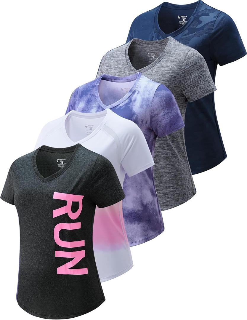 5 Pack: Women's Dry Fit Short Sleeve T Shirts, Athletic Workout Tee Tops for Gym Yoga Running (Large, Navy/Black/Dark Gray/Printed/White Gradient)