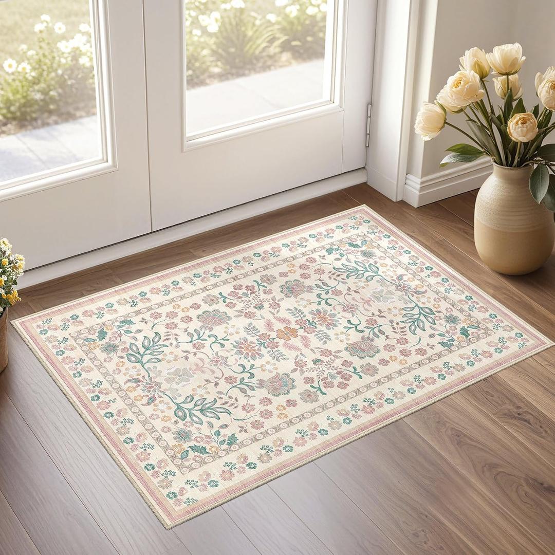 Door Mat Entrance Rug: 2x3 Washable Area Rug Boho Floral Small Rug - Non-Slip Low Pile Throw Indoor Carpet for Entryway Kitchen Front Door Bathroom Entry Kids Room - Pink