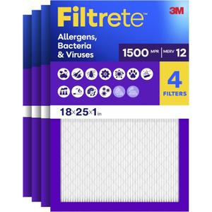 Filtrete 18x25x1 Air Filter, MERV 12, MPR 1500, Allergens, Bacteria & Viruses, 3-Month AC and Furnace Filters, Cleaner Air, Reliable Airflow, 4 HVAC Filters (Actual Size 17.81 x 24.81 x 0.78 in)