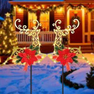 Voxary 2-Pack Christmas Solar Pathway Lights Outdoor Waterproof, Xmas Metal Reindeer Garden Stake Lights with Poinsettia Decorations for Yard Lawn Walkway Porch Holiday Decor