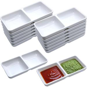 12 PCS Dual Dipping Sauce Bowls, 2-Compartment Melamine Plastic Dip Trays, Divided Sauces Dishes for Ketchup, Soy Sauce, Wasabi, BBQ, Appetizers, Perfect for Parties, Restaurants Family Gatherings