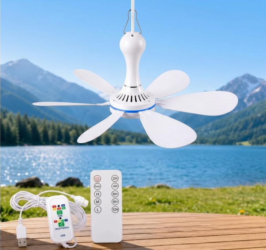 USB Portable Ceiling Fan with Remote, 4 Speeds & Timer, Quiet Indoor/Outdoor RV Ceiling Fan, 6-Blade Collapsible Mini Air Circulator for Tent, Cruise, Camper, Bed Canopy, Travel, Dorm