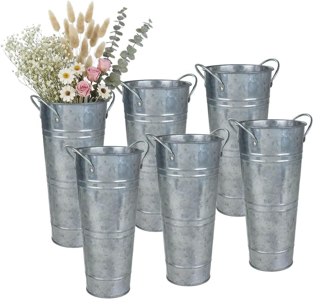 vensovo Metal Flower Bucket Vase with Handles, 9 Inch Silver Rustic Farmhouse Centerpiece for Spring Home Decor & Wedding, Set of 6