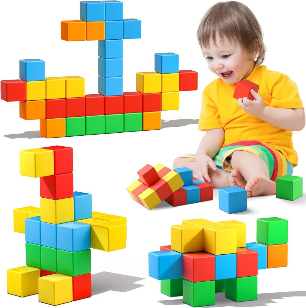 Magnetic Blocks,1.42 inch 32pcs Large Magnetic Building Block for Toddlers 3 4 5 6 7 8 Year Old Boys Girls Color Magnet Cubes Learning Toys for Kids 1-3 Sensory Toys Age 4-8 Christmas Birthday Gifts
