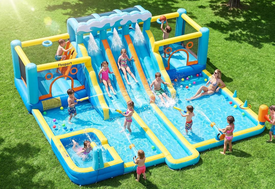 FBSPORT Inflatable Bounce House Water Slide, 3 Slides & 2 Bouncers 10-in-1 Water Slide Park Bounce House with 950W Blower, Bouncy Castle for Kids Backyard Party Outdoor, with Water Gun, Splash Pool, 1.5 ft x 1.25 ft x 2.42 ft