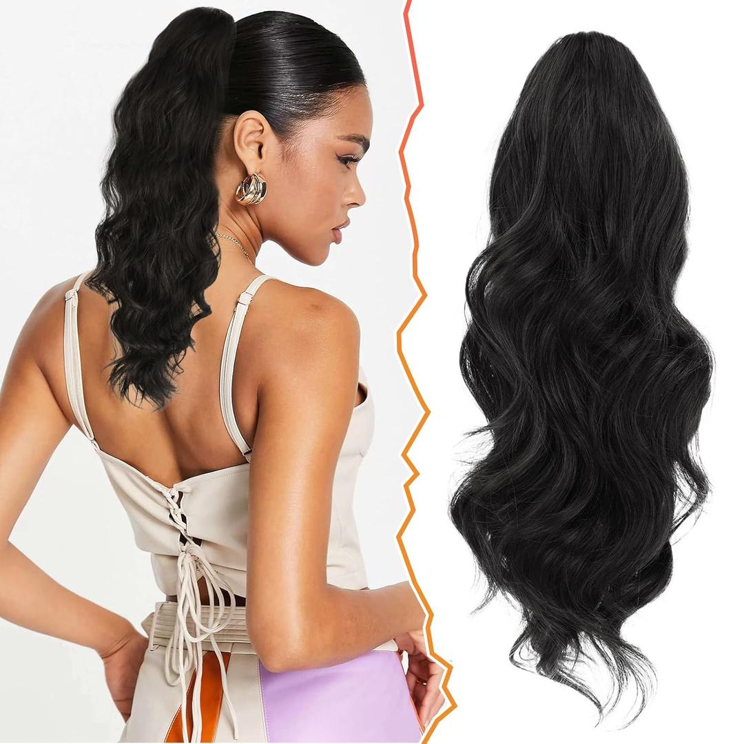BARSDAR Drawstring Ponytail Extension, 16 Inch Short Wavy Black Hair Extensions for Women - Soft Synthetic Clip in Hairpiece, Fake Pony Tail for Daily Party Halloween