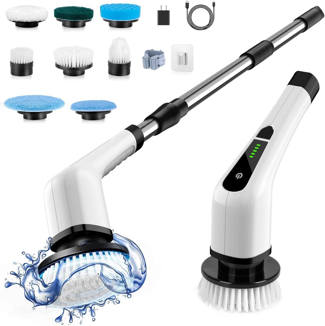Bomves Electric Spin Scrubber, Cordless Cleaning Brush Scrubber for Home, 8 Replaceable Brush Heads-90Mins Work Time, 3 Adjustable Size, 2 Speeds for Bathroom Shower Bathtub Glass Car