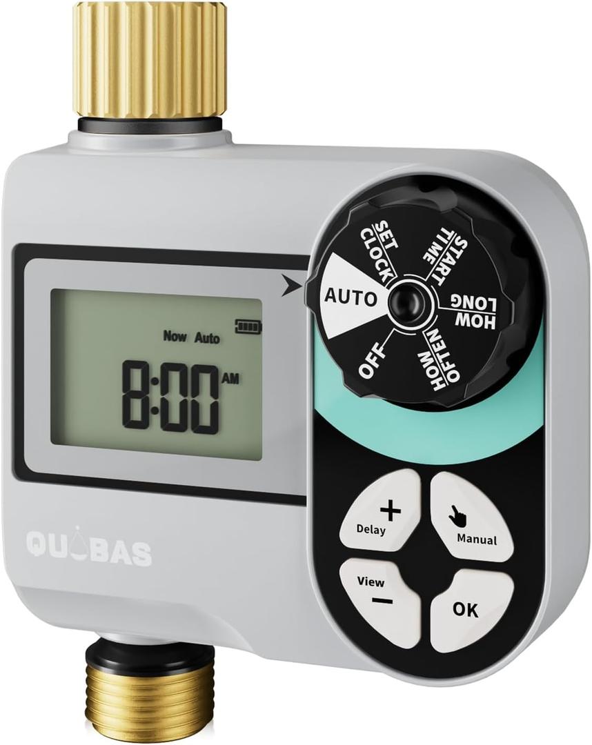 QUOBAS Brass Sprinkler Timer, Programmable Water Hose Timer for Garden Hose Faucet with Waterproof HD Screen, Rain Delay/Manual/Automatic Irrigation Watering System for Garden, Lawn, Yard