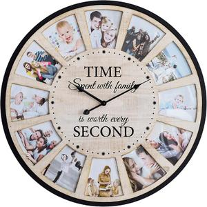 12 Photo Collage Rustic Wood Farmhouse Wall Clock, Large Family Picture Wall Clock for Living Room, Home, Kitchen, Silent Battery Powered 24 Inch Natural