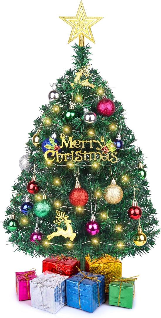 Small Christmas Tree with Lights, 2ft/24 inch Artificial Mini Table Top Christmas Tree Decorations with Star Tree Topper, Hanging Balls Ornaments, 30 Pcs Little DIY Xmas Trees for Kids Room