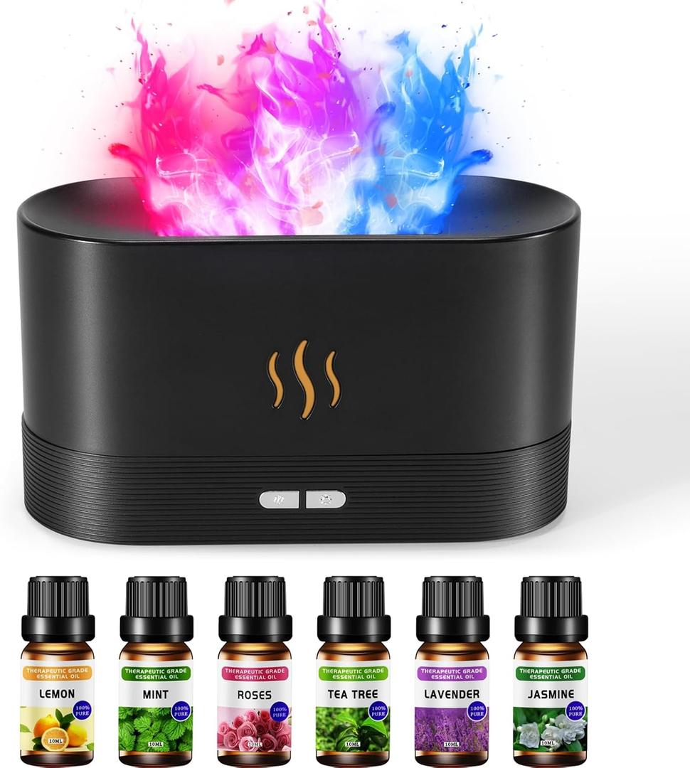 Set of 2 Colorful Flame Air Aroma Diffuser Humidifier - Essential Oils Set 6 Pack (8Hours Black)
