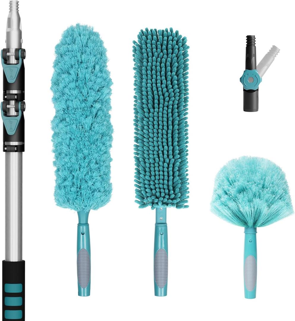 TelesPro 20 Foot High-Reach Duster Kit with 5-12FT Extendable Pole - High Ceiling Duster Cleaning Kit with Telescopic Pole,Cobweb Duster, Chenille Ceiling Fan Duster, Microfiber Feather Duster