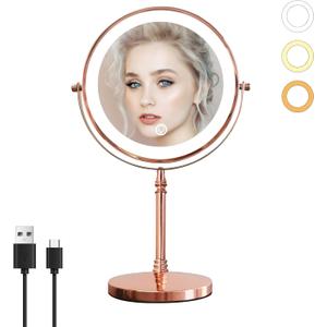Nicesail 1X/10X Magnifying Mirror with 3 Color Dimmable Lighting, Makeup Mirrors Light up and Magnified with 360 Rotation for Table, Rose Gold(8 Inch, 10X Magnification)