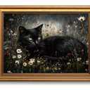 Vintage Gold Framed Black Cat Wall Art Dark Cottagecore Painting 16x24 Inch