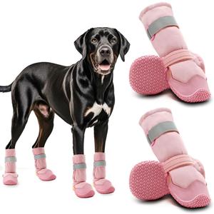 Hcpet Dog Shoes, Dog Boots & Paw Protectors for Winter Snowy Days, Rainy Weather, Outdoor Anti-Slip Sole Dog Booties for Hardwood Floor Pink-Leg 4