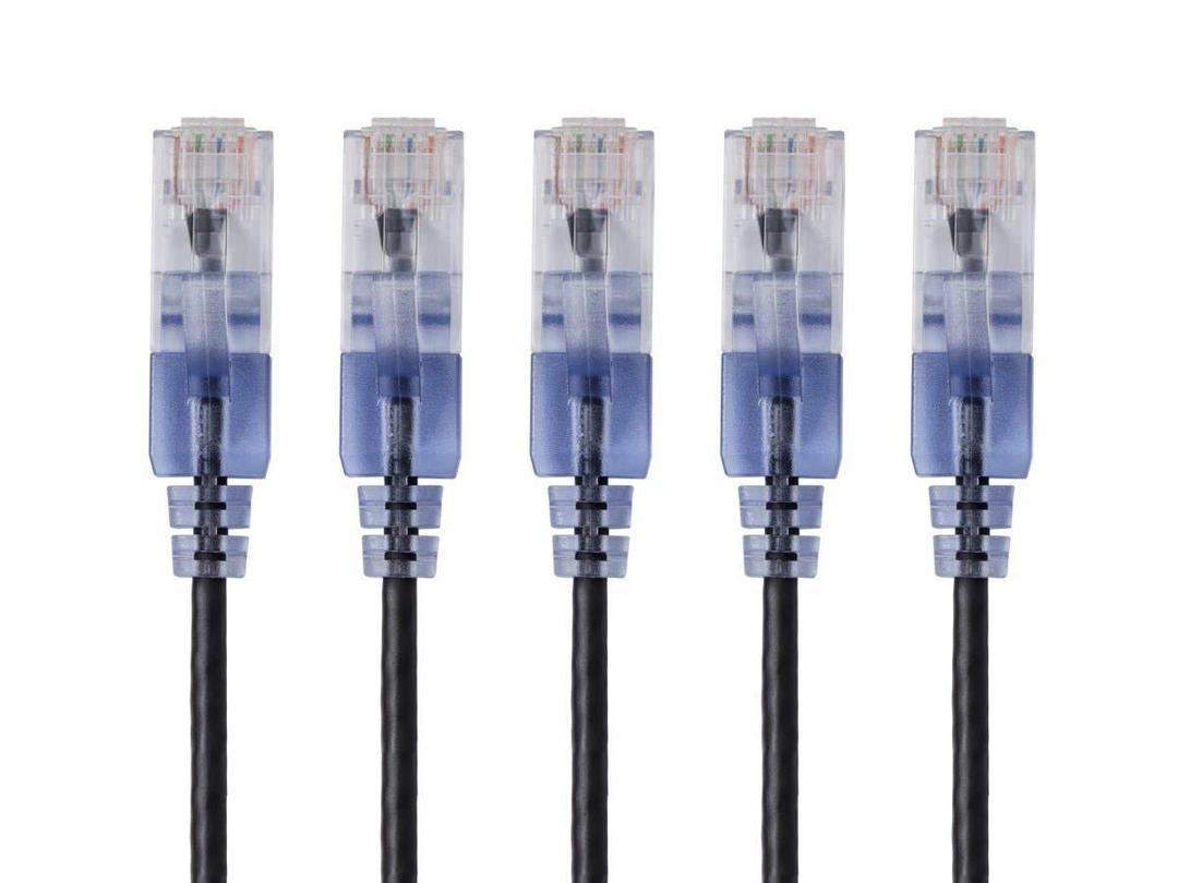 Monoprice Cat6A 6in Black 5-Pk Patch Cable UTP 30AWG 10G Pure Bare Copper Snagless RJ45 SlimRun Series Ethernet Cable