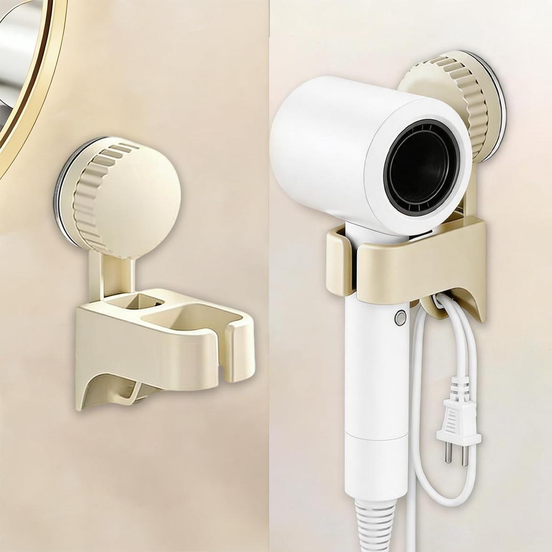 Hair Dryer Holder Wall Mounted, Adhesive & Suction Cup Blow Dryer Holder for Wall or Cabinet, Blow Dryer Hanger Wall Mount with Cord & Plug Organizer, Storage Wall Mount for Bathroom & Vanity (White)
