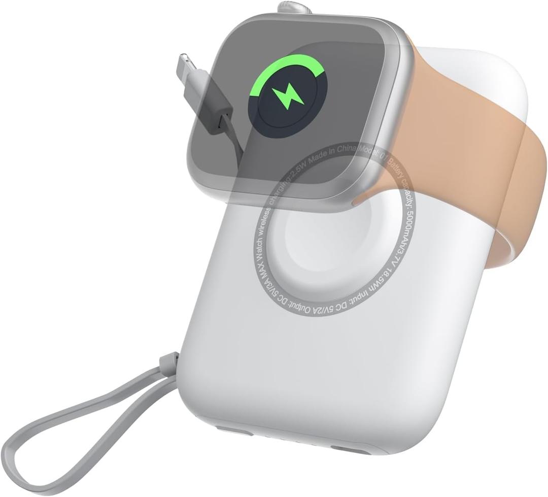 DDUAN Portable Watch Charger for Apple: 5000mAh Travel Wireless Power Bank with USB-C Cable - Keychain Charger Compatible with iwatch 9/8/7/6/5/4/3/2/1/SE2/SE & Phone 15/ Samsung (White, Light-ning)