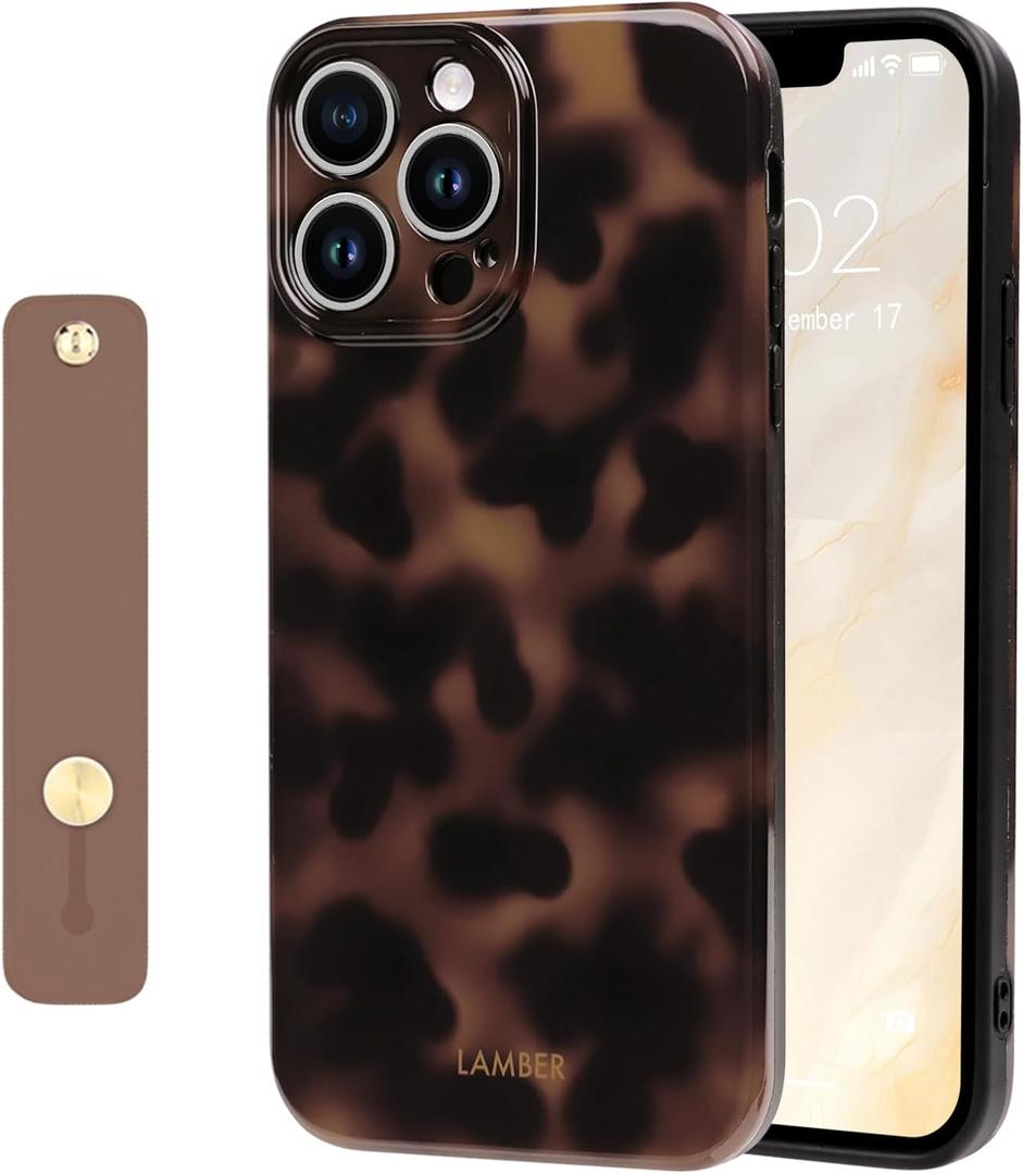 NITITOP Compatible with iPhone 15 Pro Max Case with Wrist Strap Cute Stylish Leopard Aesthetic Tortoise Amber Design for Women Girls Men Soft TPU Shockproof Protective Cover - Brown
