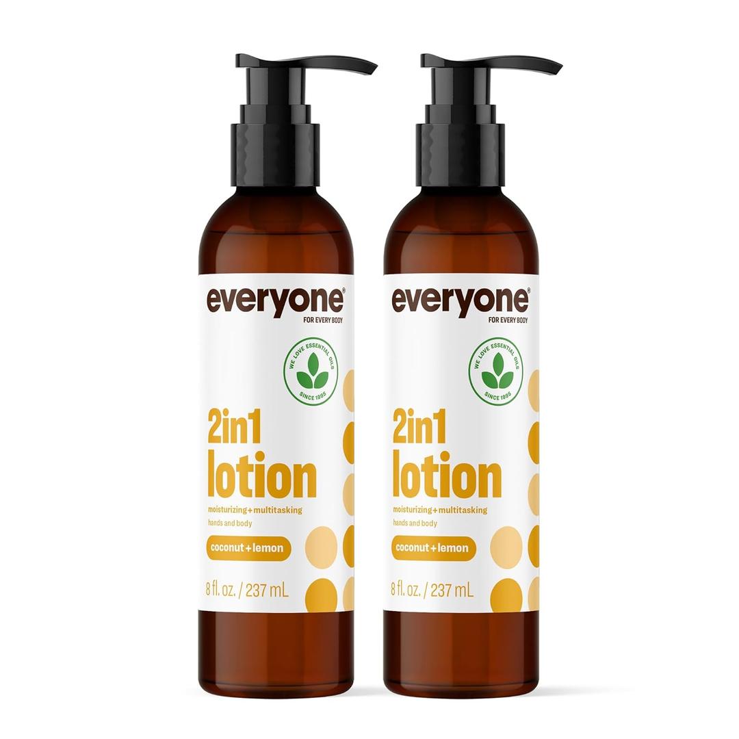 Everyone 2-in-1 Lotion for Hands/Body, 8 ounce (Pack of 2) Coconut and Lemon made with Essential Oils for Men and Women