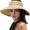 Sun Hats for Women Wide Brim Beach Hat Packable Foldable Visor Women's Summer UV Protection Straw Fashionable Ponytail (Beige)