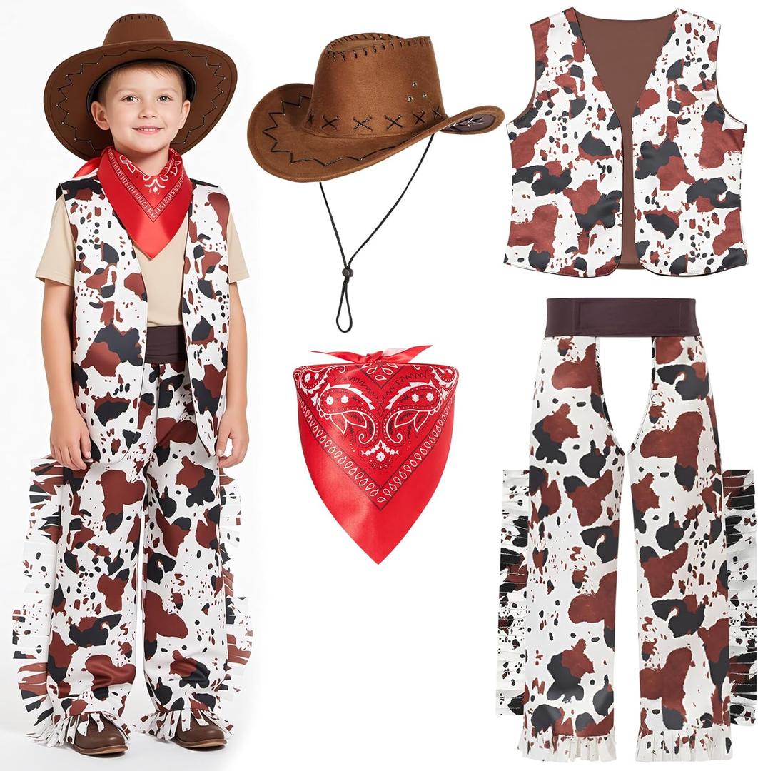 Xtinmee 4 Pcs Halloween Cowboy Costume for Boys Kids Toddler Western Outfit Cow Print Vest Brown Cowboy Hat Cosplay Bandanna (L(8-10 Years))