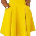 Womens Elegant Casual Short Sleeve Midi Dress Plus Size A Line Work Party Fit and Flare Dress with Pockets (02yellow, Large)
