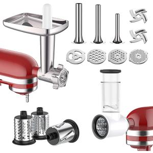 Meat Grinder and Cheese Grater Attachment for KitchenAid Stand Mixer, Slicer Shredder & Meat Grinder with Sausage Stuffer, 2 Pcs for Kitchen Aid Accessories and Attachments
