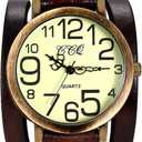 Lancardo Vintage Ladies Large Arabic Markers Multi Layers Leather Wrap Cuff Bracelet Wrist Watch Browm Black Green Orange (brown)