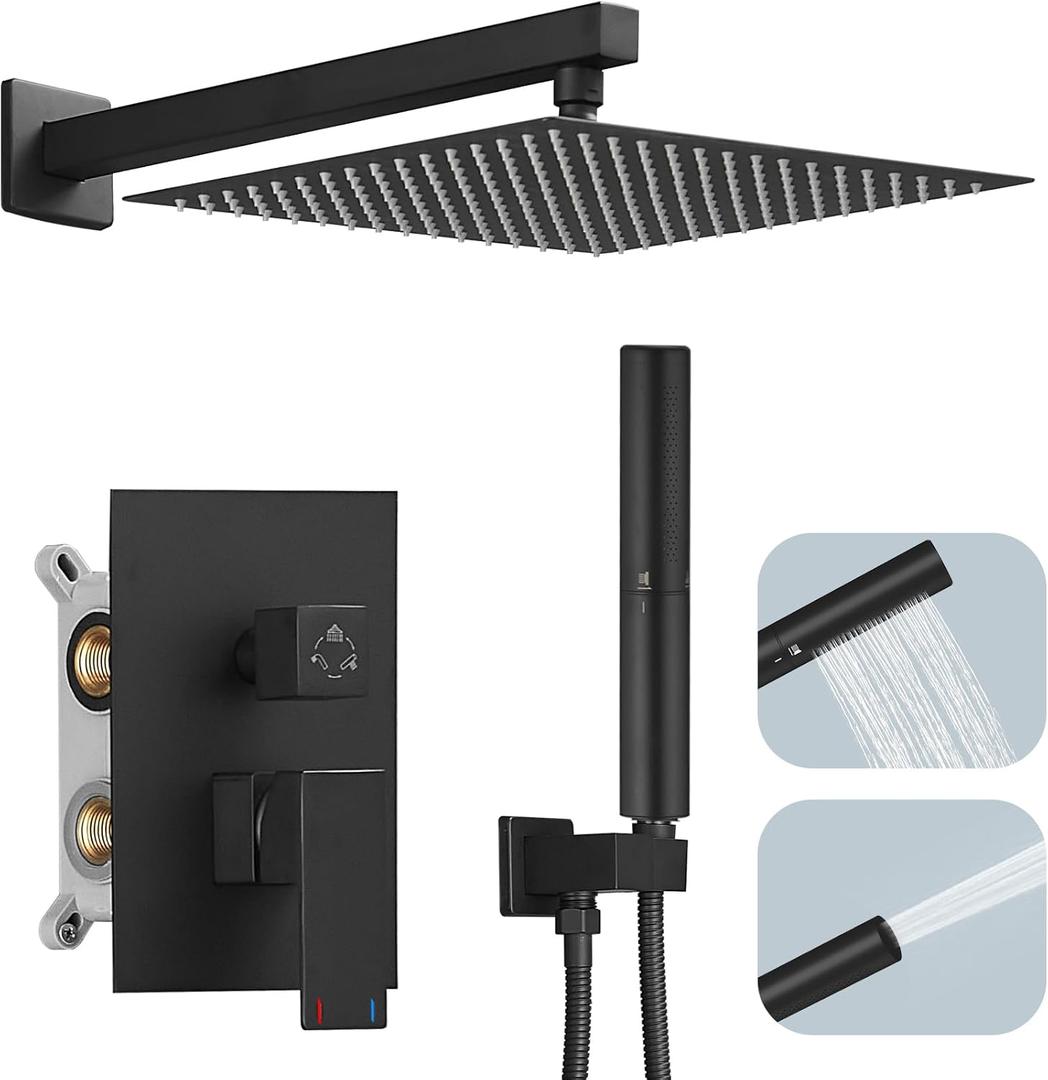 Hoimpro 12 Inch Shower Head System Set Bathroom Rain Mixer Shower Head 2 In 1 Handheld Sprayer Wall Mounted, Square Rainfall Shower Faucet Fixture Combo Valve Kits Brass Showerhead, Matte Black