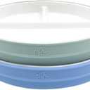 Elk and Friends Kids 7.8” Porcelain White Plates with Silicone Sleeves | Divided Plates | Suitable for Kids/Toddlers | Microwave & Dishwasher Safe | Non Slip | Snack Dishes, Sage/Misty Blue