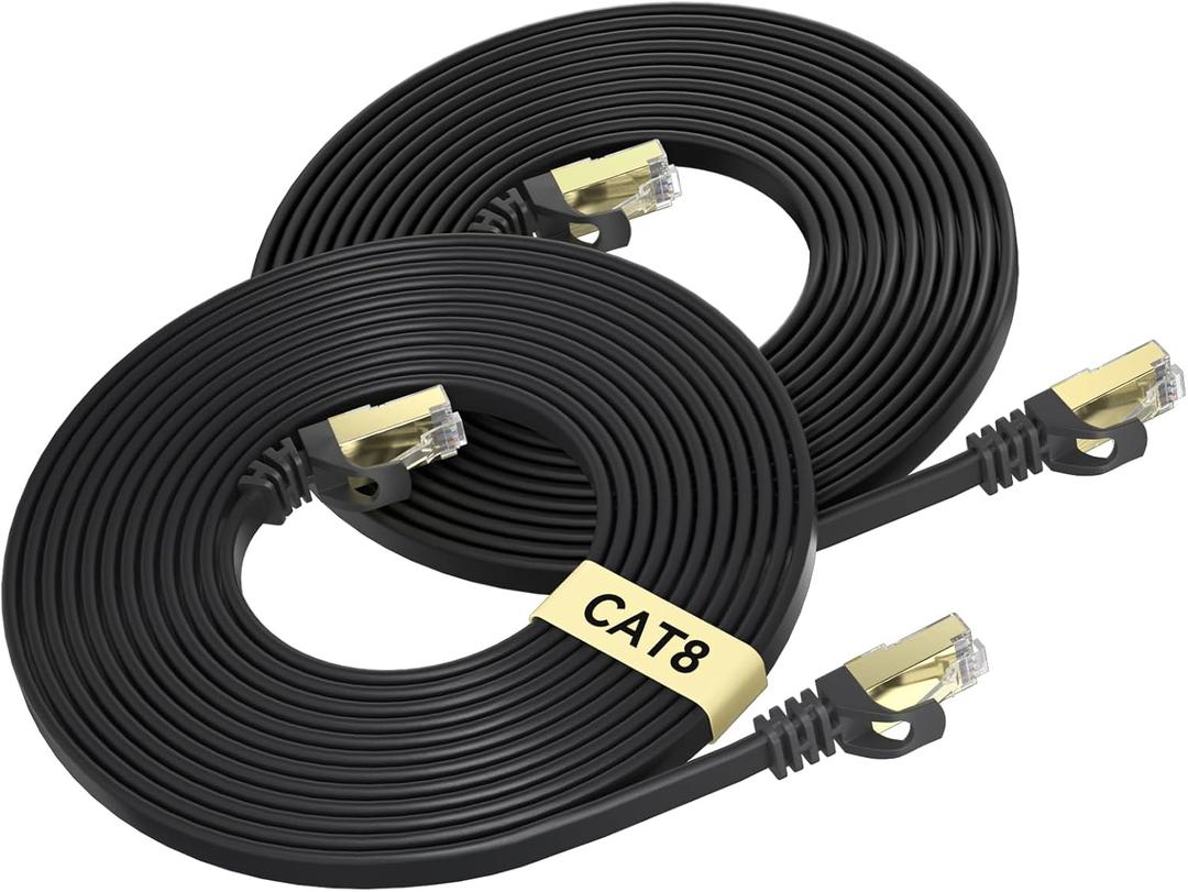 BUSOHE Cat 8 Ethernet Cable 15 FT 2-Pack, 40Gbps 2000MHz Cat8 High Speed Flat Internet Network Patch Cord, SFTP Shielded LAN Wire with Gold Plated RJ45 Connector for Outdoor Indoor - 15FT Black