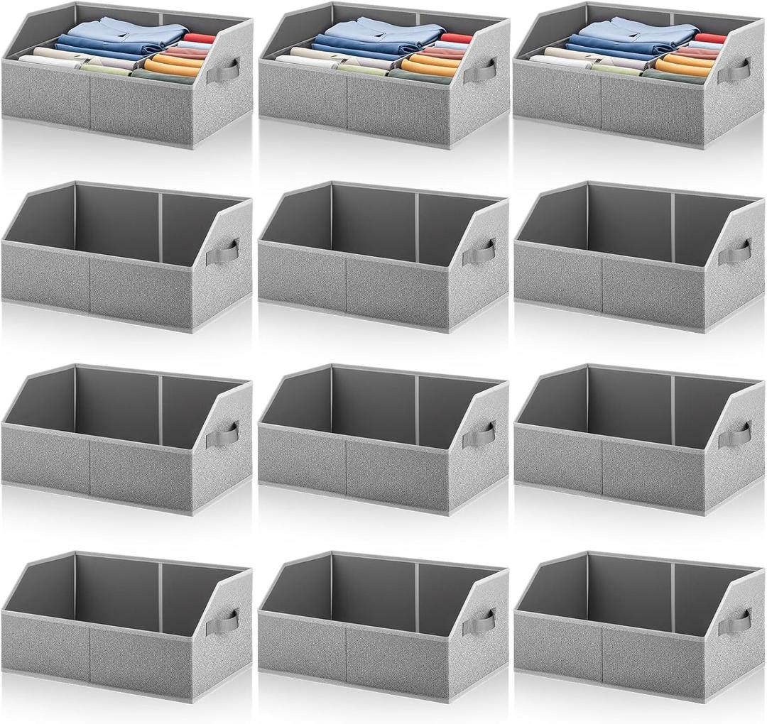 Maxdot 12 Pack Trapezoid Closet Bins with Handle 15. 7 x 11 x 7. 9 Inch Large Closet Shelf Organizer Storage Bins Foldable Organizing Baskets for Clothes Towels Book, Light Gray
