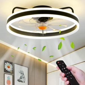 Low Profile Ceiling Fans with Lights Remote - 20" Flush Mount Modern Bladeless Ceiling Fan, Enclosed Small Black Fan with Dimming for Bedroom