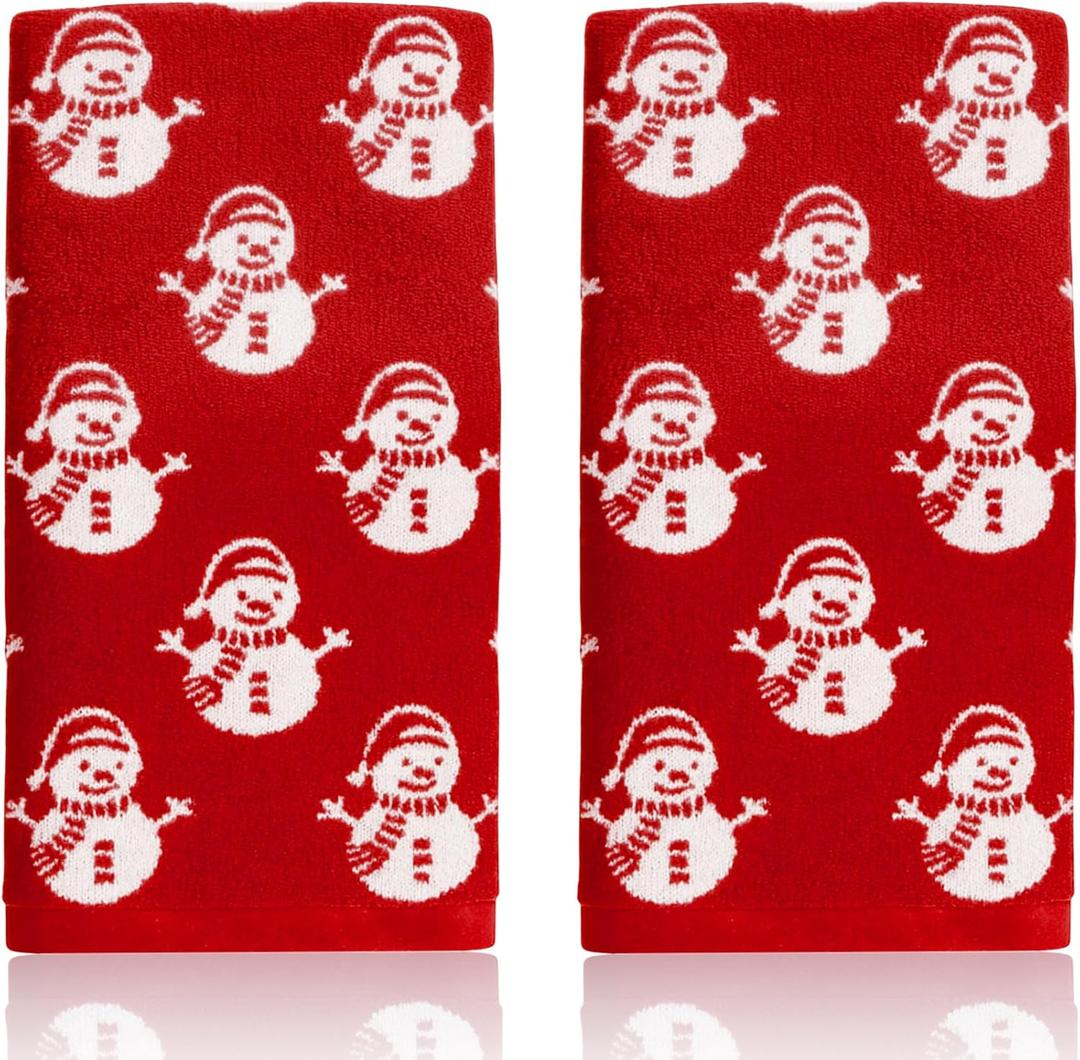 Peryiter 2 Pcs Christmas Snowmen Towels Red Christmas Hand Towels for Bathroom Decorative 100% Cotton Highly Absorbent Soft Kitchen Washcloth for Holiday Xmas Winter Gift Bath Home Decor, 29 x 13 Inch