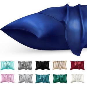 Satin Silk Pillowcase for Skin and Hair, 2 Pack - Envelope Closure - Bedding Queen Pillow Cases(20" x 30"), Soft Breathable Smooth Cooling Silk Pillow Covers for Sleeping, Navy