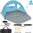 Beach Tent Sun Shelter, Beach Shade Tent with UPF 50+ UV Protection for 2-3 Person, Portable & Easy Setup Cabana, 3 Roll Up Doors & 8mm Fiberglass Rods, Carry Bag Included