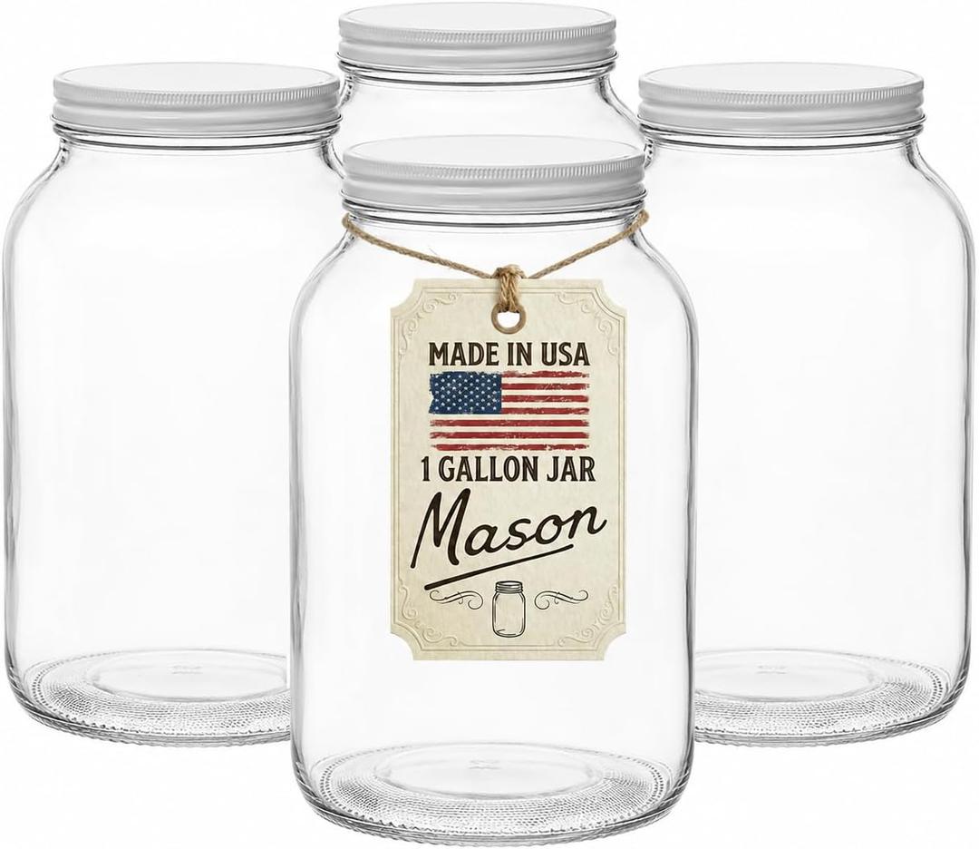 Large Glass Jars 1 Gallon – 4 Pack Wide Mouth Mason Jars with Airtight Metal Lids – Made in USA – Gallon Jars for Fermenting, Pickling, Canning, Water Glassing Eggs, Sourdough Starter & Storage