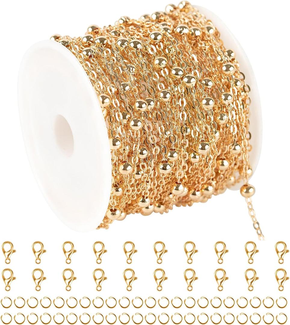 KYUNHOO 32.8 Feet Beaded Jewelry Chain Roll Light Gold Plated Cable Chain Links Soldered Iron Chain on Spool Necklace Making Supplies Thin Chain for Women DIY Craft Jewelry Finding