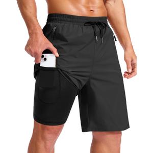G Gradual Mens Swim Trunks with Compression Liner 7"/9'' Quick Dry Board Shorts Swimsuit Bathing Suit for Men Zipper Pockets (Black, XXXL)