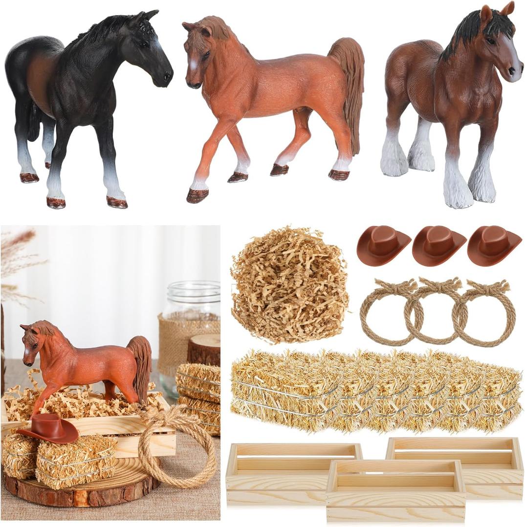 Amyhill 19 Pcs Western Horse Party Decorations Cowboy Table Centerpieces with 5.5 Inch Realistic Horse Figurines Mini Hay Bales Cowboy Hats for Western Themed Party Table Centerpieces Decorations