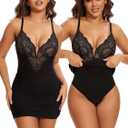 SHAPERIN Shapewear Dress Sexy Deep V Neck Lace Corsets Tops Ruched Bodycon Cocktail Party Mini Dresses for Women (Large, #16-black)