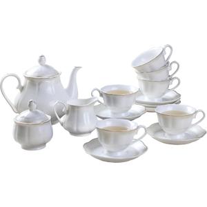 GuangYang 15-pcs Porcelain Tea sets for Adults, Off White Embossed Pattern with Gold Trim (A set Included 1 Teapot, 1 Sugar Bowl, 1 Cream Pitcher, 6 Cups and 6 Saucers), 7 Ounce, 200 ml